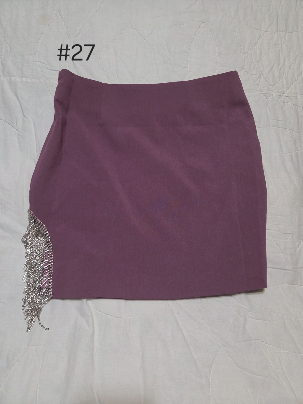 Miss Circle Mauve/Purple Mini Skirt with Crystal Rhinestone Fringe Slit – Size M